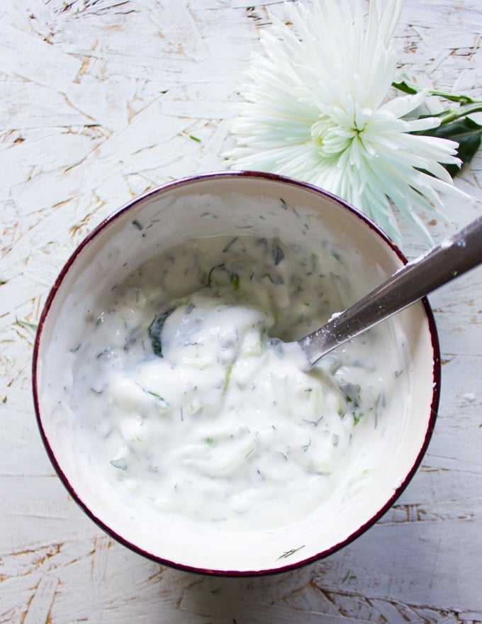 A bowl with the ready Tzatziki Sauce