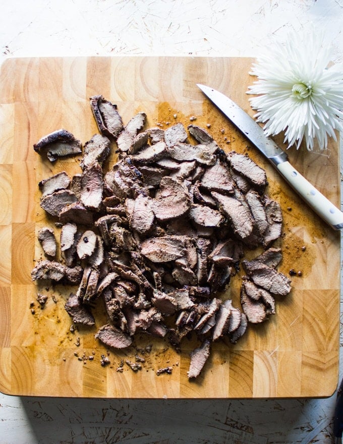 Grilled sirloin sliced thinly and ready for the gyro recipe