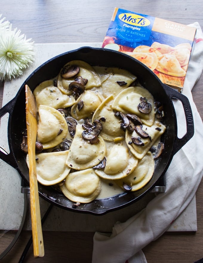 The cream added into the pierogies and mushroom pan