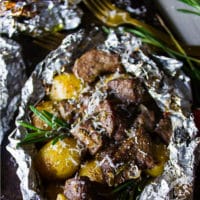 Long Pin For Grill Foil Packets with Lamb and Potatoes