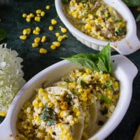 single ramekin with the pierogies and corn in a corn casserole