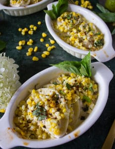 single ramekin with the pierogies and corn in a corn casserole