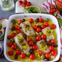 The fish pan ready for baking in the oven
