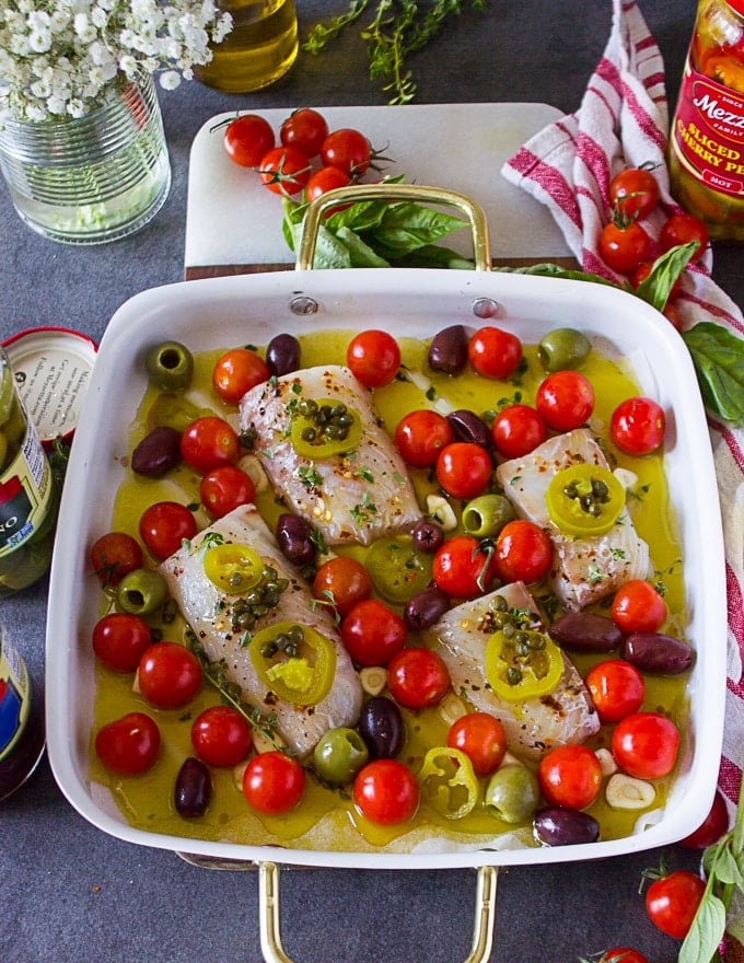 The fish pan ready for baking in the oven