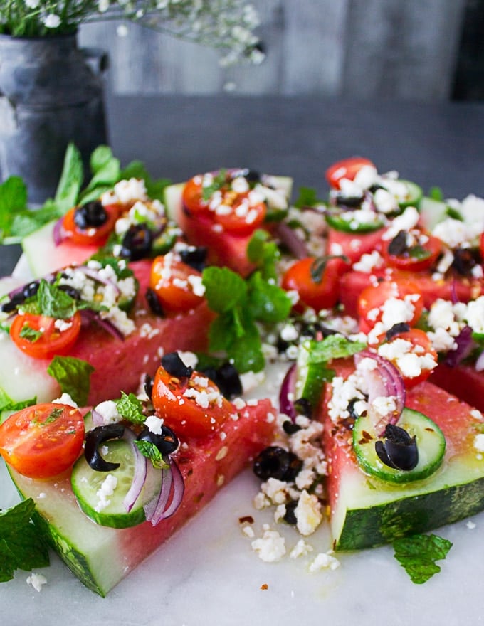 Watermelon salad with Greek toppings on top