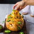 A hand pulling apart the pull apart bread put of the oven