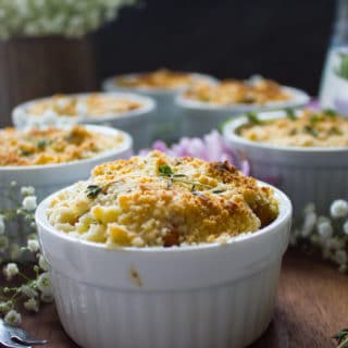 Side view of one sweet potato gratin showing the crunchy golden top