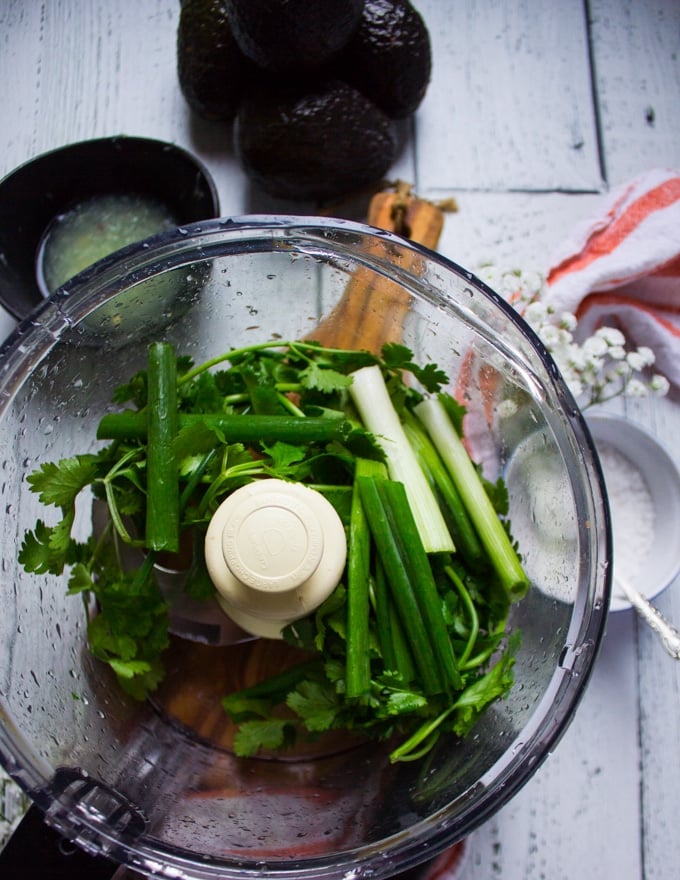 A food processor bowl with cilantro and scallions