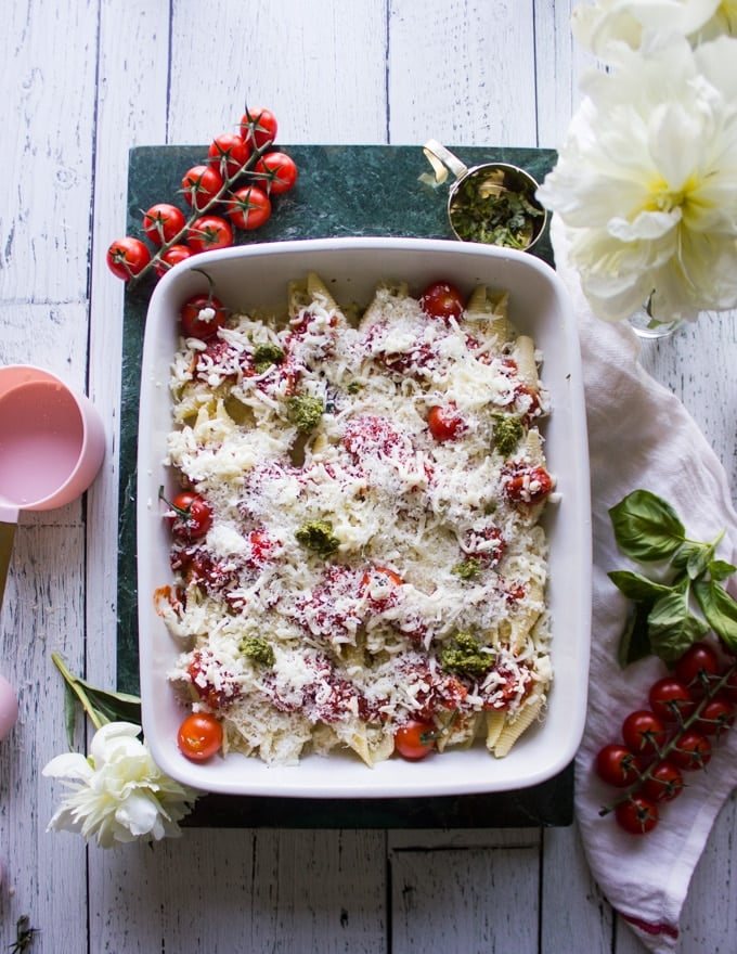 prepared stuffed shells dish, ready to bake.