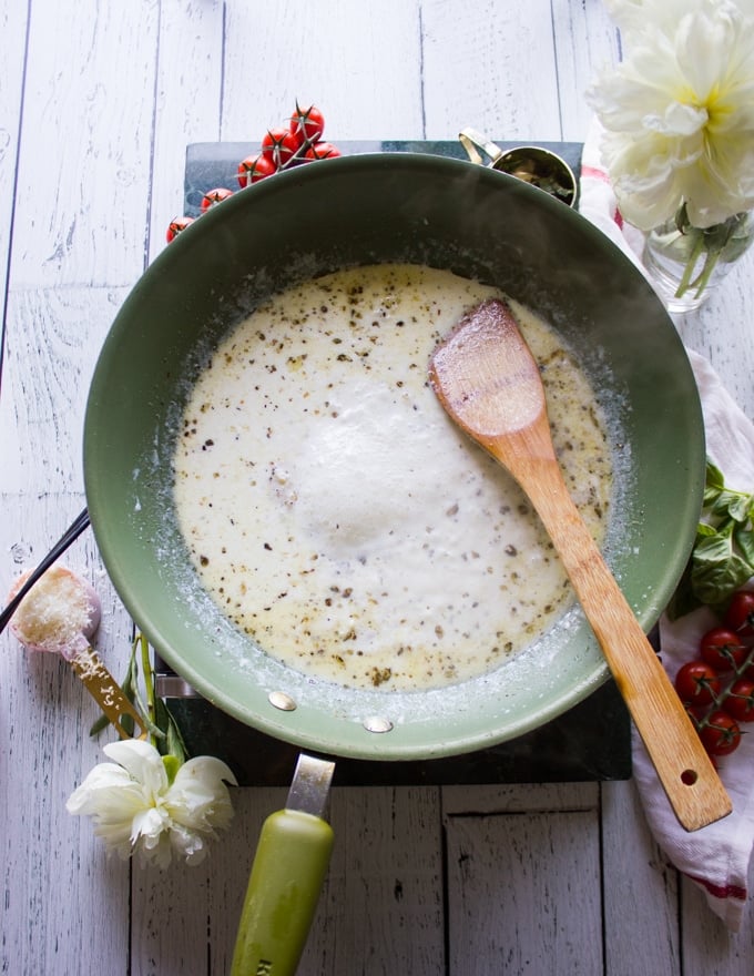 A pan with the cream bubbling and ready