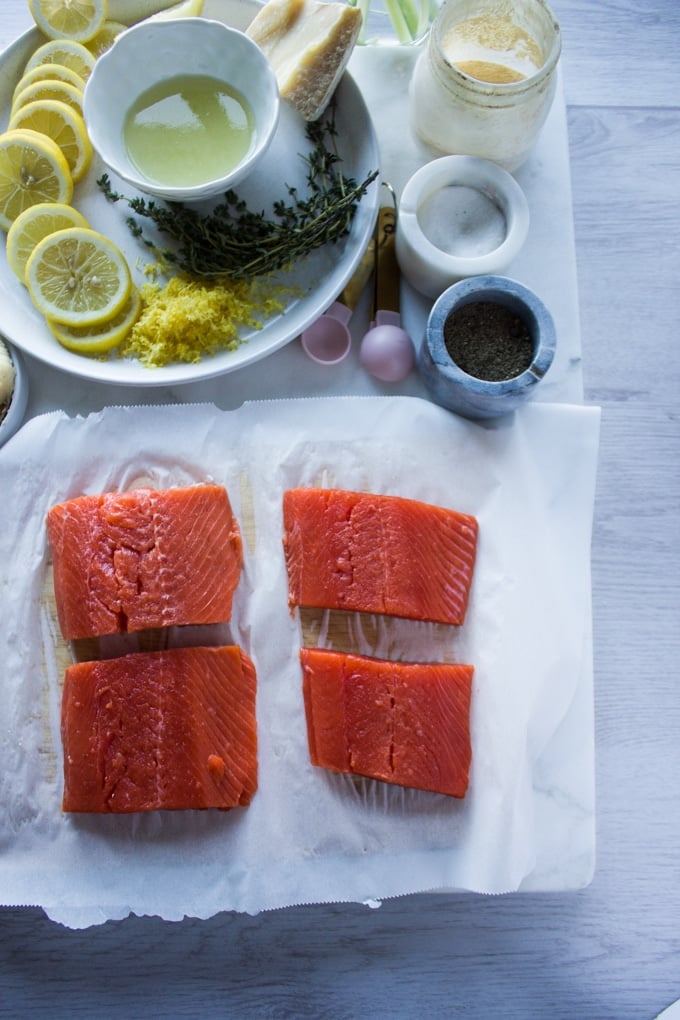 ingredients for sockeye salmon recipe including sockeye salmon, seasoning, lemon juice, butter, lemon zest, flour, stock, fresh thyme