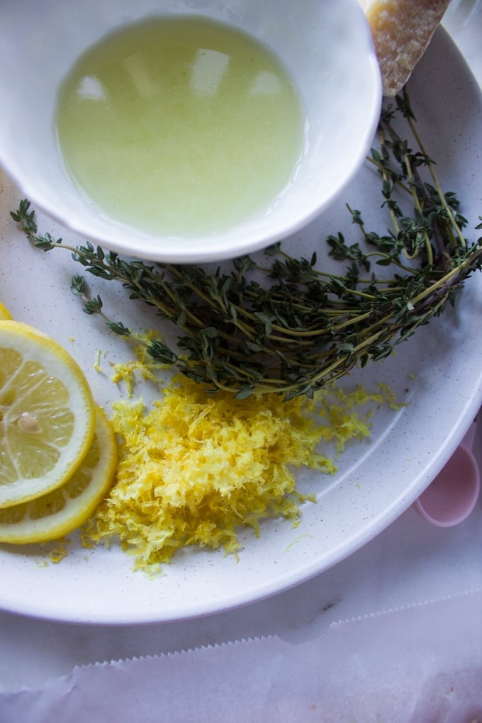 lemon juice, lemon zest, fresh thyme and butter to break down the ingredients for the lemon butter sauce