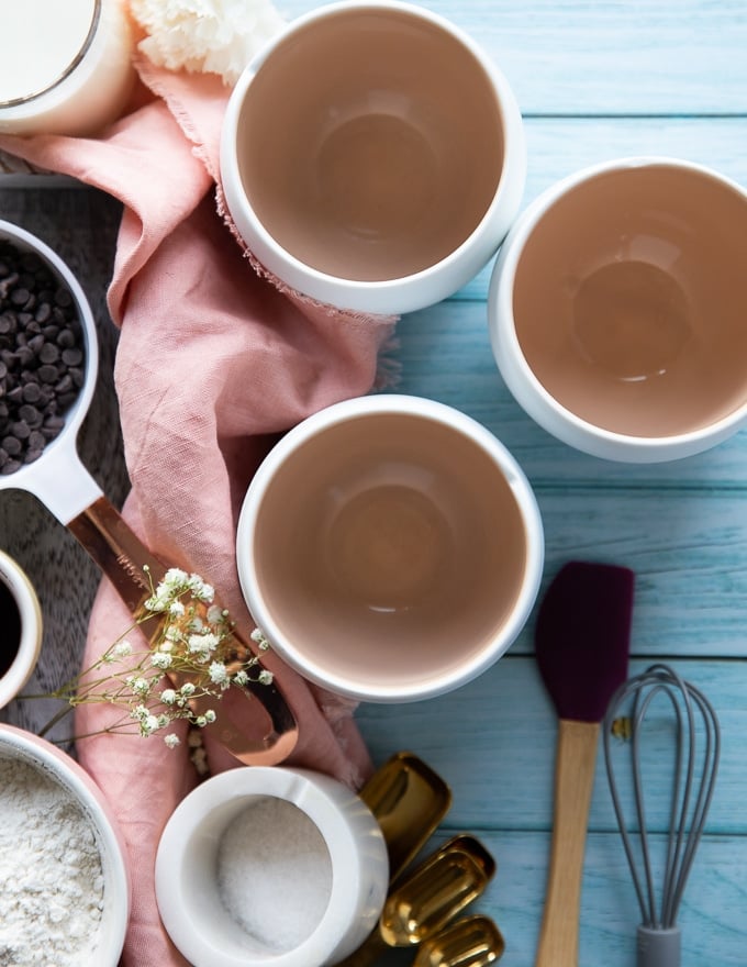 A selection of three mugs showing the size of the 11-14 ounces ready to use for the brownie in a mug