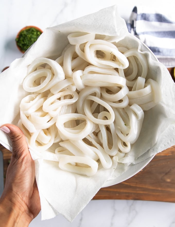 cleaned calamari rings in a bowl