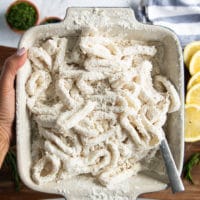 breaded calamari in the flour mixture.