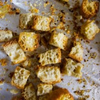 crispy ready homemade croutons out of the oven