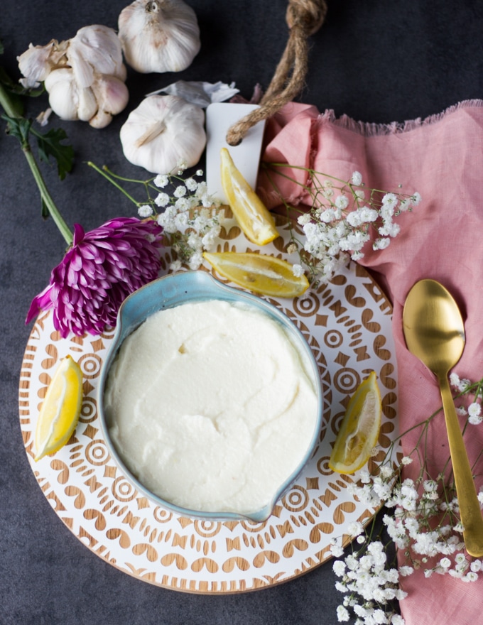 Toum or lebanese garlic sauce is ready in a bowl