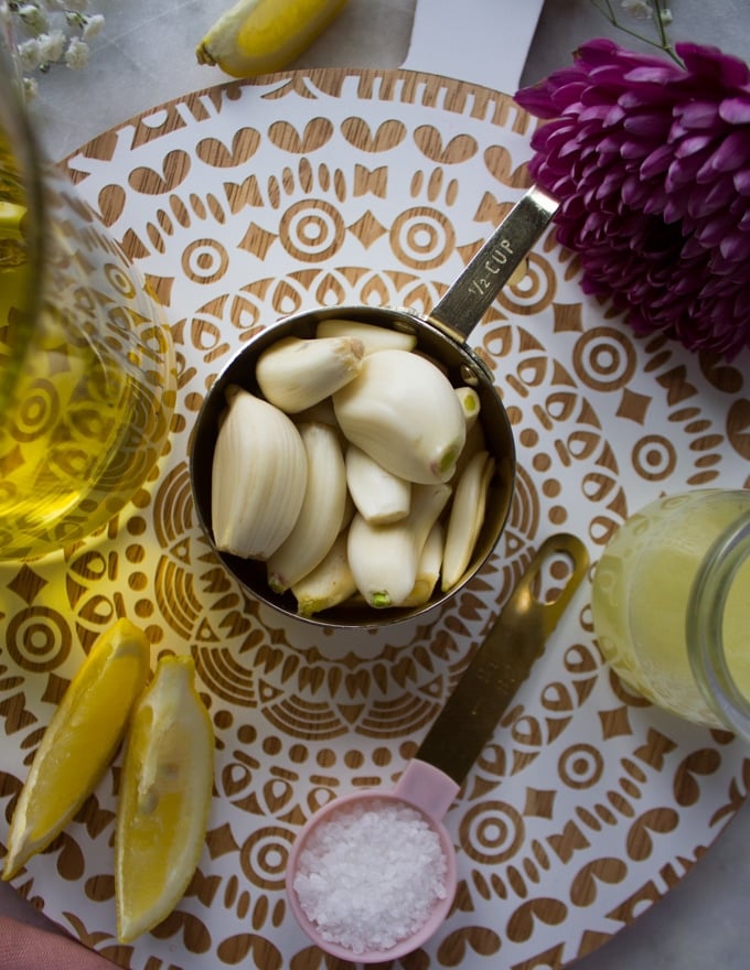 close up of the garlic used for the toum lebanese garlic sauce showing using fresh garlic only