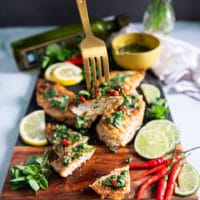 A fork holding off a strip of chicken chimichurri showing how juicy the chicken is and the load of chimichurri sauce over the chicken