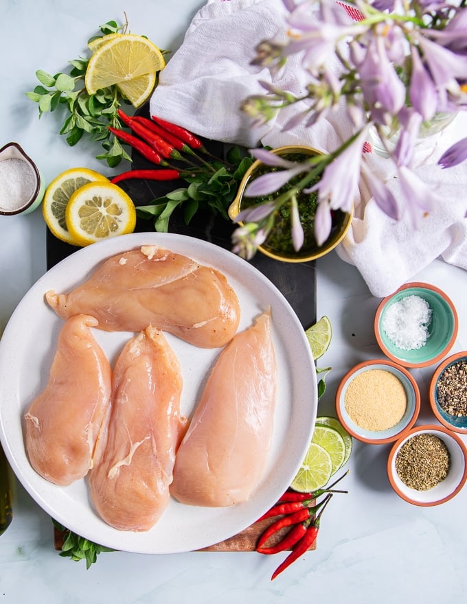 chicken breasts on a plate surrounded by chicken seasoning