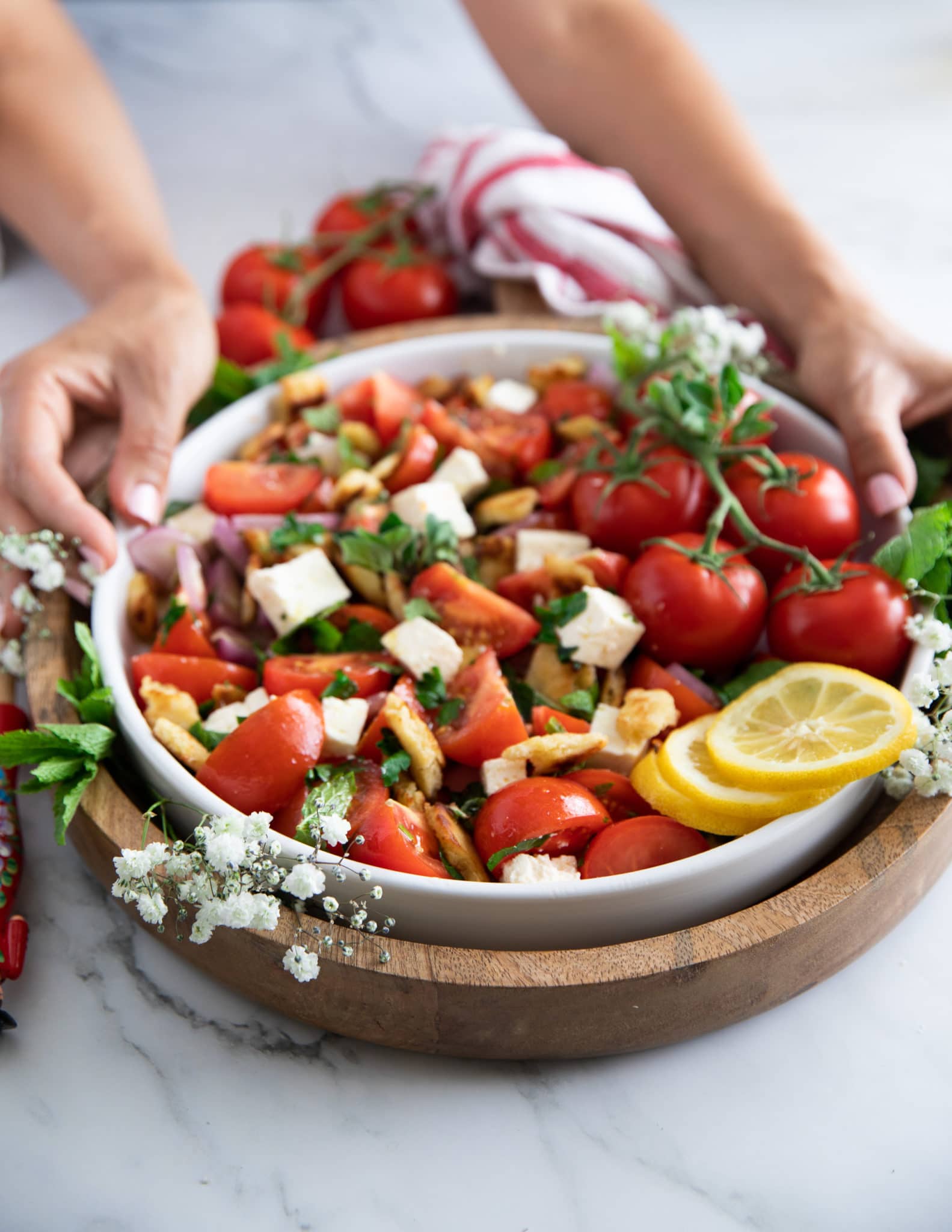 A hand holding a big plate of tomato salad surrounded by a red tea towel