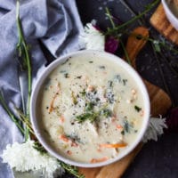 top view of a bowl of chicken and gnocchi soup