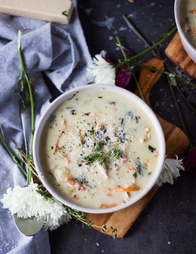 top view of a bowl of chicken and gnocchi soup