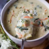 A bowl of chicken and gnocchi soup and a spoon scooping out some soup to show the texture