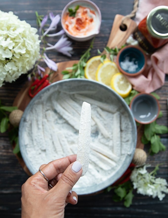 A halloumi cheese ready for frying