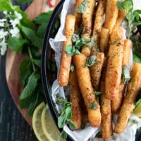 A basket of Halloumi fries close up showing the curnchy texture