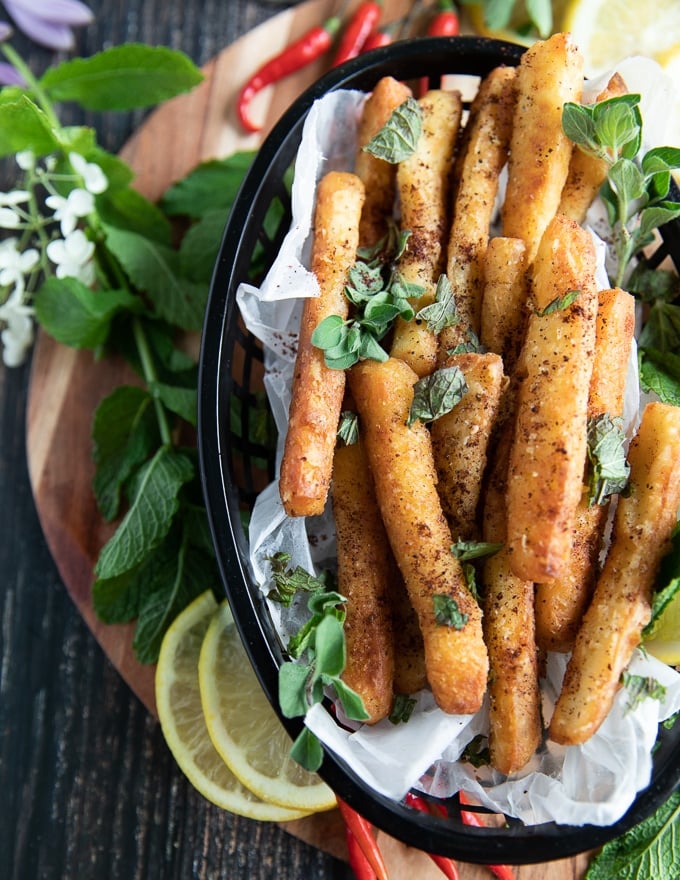 A basket of Halloumi fries close up showing the curnchy texture