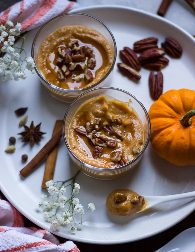 pumpkin pudding topped with honey and roasted nuts.