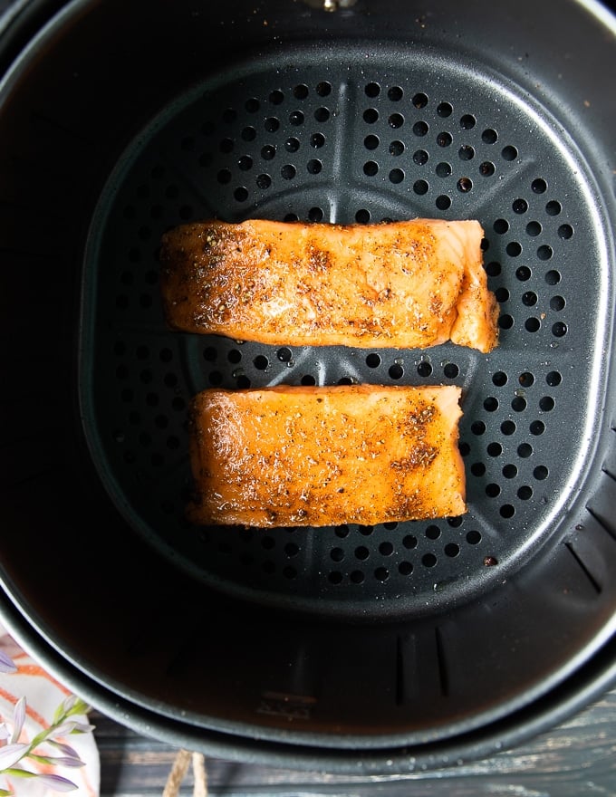 Salmon fillets in the air fryer ready to cook