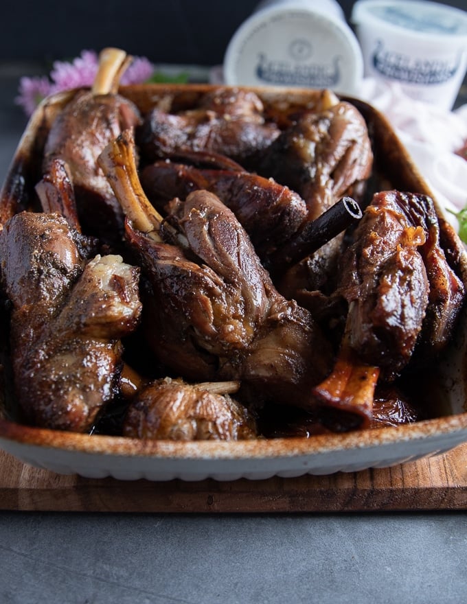 the lamb shanks roasted and out of the oven or slow cooker, fall off the bone tender 