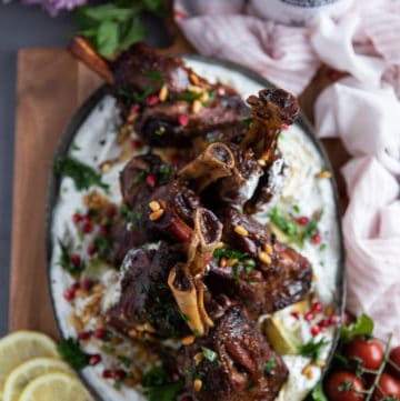 A plate of roast lamb shanks over skyr sauce surrounded by lemon slices