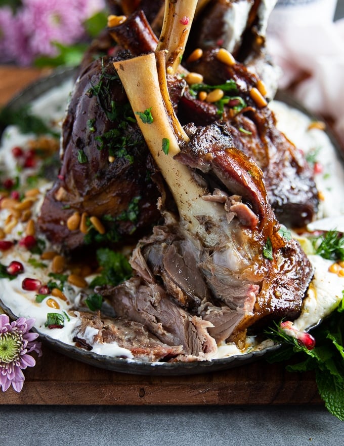 fall off the bone tender cut lamb shanks showing the inside of the lamb shanks