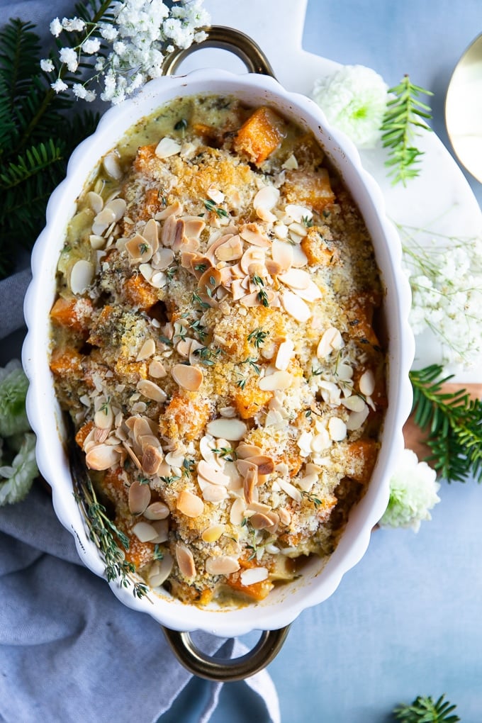 butternut squash casserole out of the oven golden and crispy