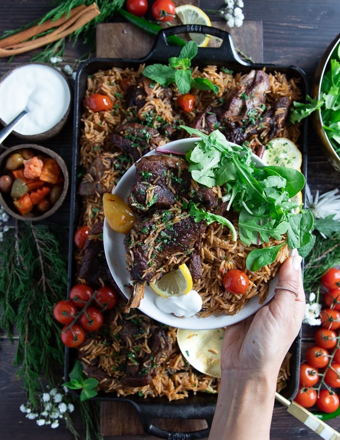 A hand holding a plate with lamb shoulder chops served with rice, salad, yogurt and pickles