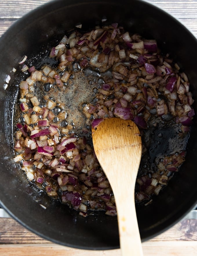 onions and garlic sauteeing in the same heavy duty pot