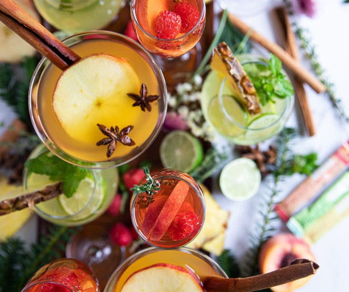 close up of the three mocktail recipes in a serving tray