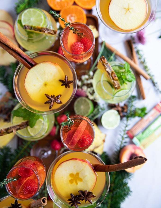 close up of the three mocktail recipes in a serving tray