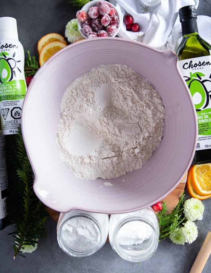 Dry ingredients for the orange cake including flour, baking soda and baking powder and salt