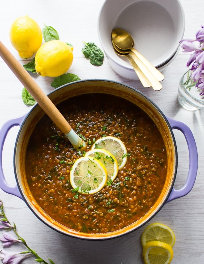 Vegan lentil stew in a dutch oven.