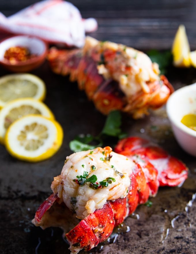 Perfectly cooked lobster tail out of the broiler