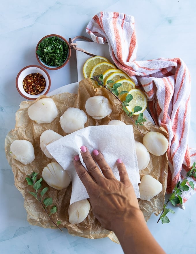 A hand patting dry the scallops preparing to cook scallops