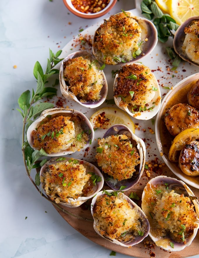 golden baked scallops close up showing the texture