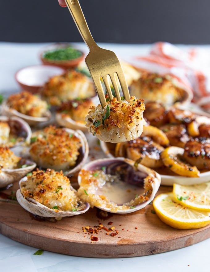 A fork holding off a baked scallop and showing perfectly cooked scallops recipe