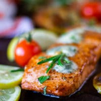 Close-up of one pan seared salmon fillet.