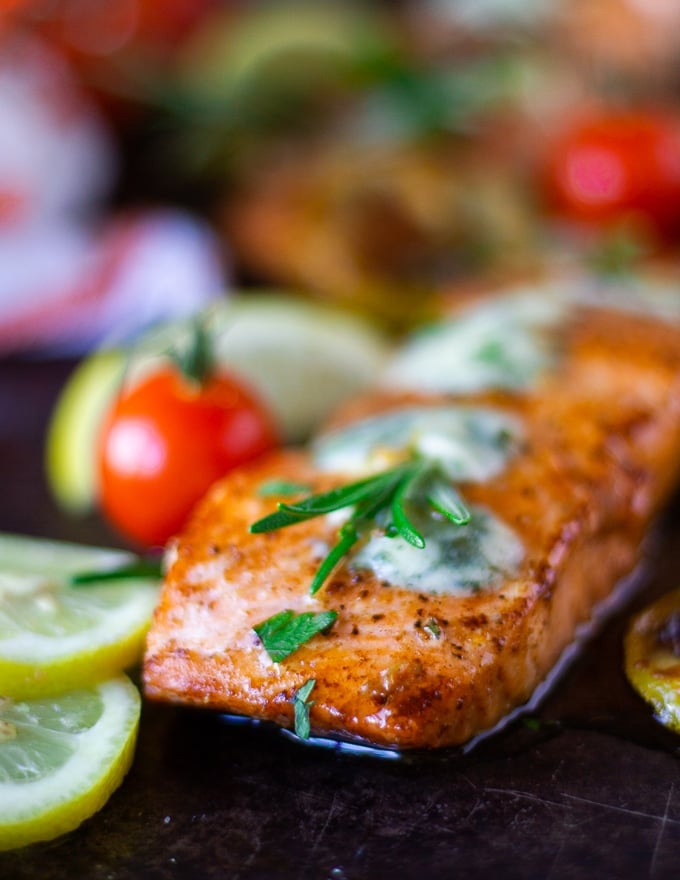 Close-up of one pan seared salmon fillet.