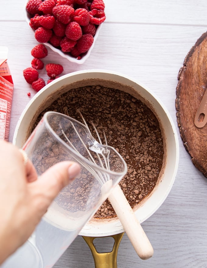 Adding milk or vegan milk to chocolate pudding recipe